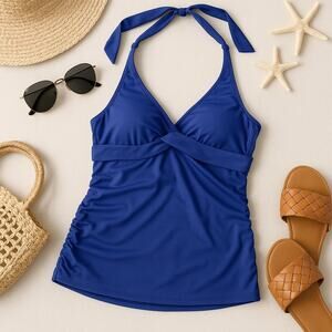 Athleta Swim Tara Halter Tankini Top Blue Underwire Bra Womens 34B 34C Tall